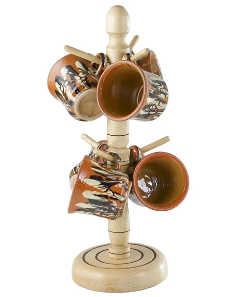 ART JUEGO 6 TAZAS CERÁMICA SOPORTE MADERA